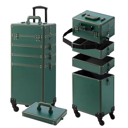 Somduy Makeup Train Case, Rolling Makeup Case with Lid, 5 in 1 Cosmetology Case on Wheels, Christmas Gift, Large Makeup Case Organizers, Profesional Cosmetic Case for Salon Barber, Green - color: Green