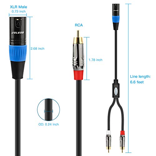 JOLGOO Unbalanced Dual RCA to XLR Male Y Splitter Patch Microphone Cable, 1 XLR Male to 2 RCA Male Y Adapter Cord Cable, 6.6 Feet - size: 6.6 Feet, style: Dual RCA Male to XLR Male