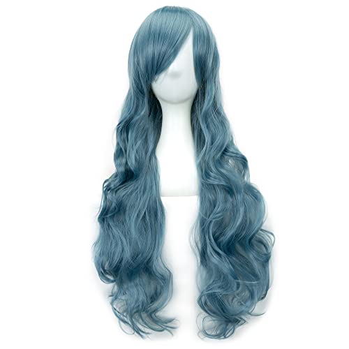 IMISSU 80cm Long Curly Natural Hair Cosplay Wig with Bangs Colorful Halloween Costume Party Wigs for Women (Navy Blue) - color: Navy Blue