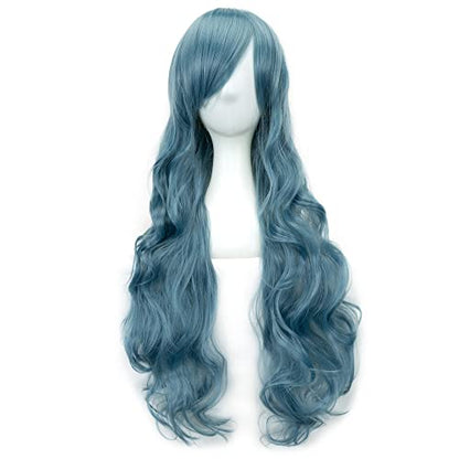 IMISSU 80cm Long Curly Natural Hair Cosplay Wig with Bangs Colorful Halloween Costume Party Wigs for Women (Navy Blue) - color: Navy Blue
