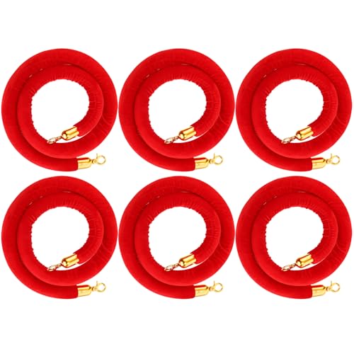 Woanger 6 Pack 5 Feet Velvet Stanchion Rope Crowd Control, Red | Crowd Control Barrier for Red Carpet Events, Theaters, Hotels, Grand Openings, Queue Management with Gold Plated Hooks - color: Red, size: 5 Feet
