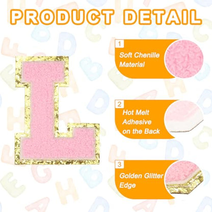 MECCANIXITY Chenille Letter Patches 3.1" Alphabet L Iron on Embroidered Patch Sew on Letter Stickers Applique for Repairing Clothing Jeans Shoes Hats DIY(Pink, Pack of 6) - style: Letter-L