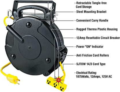 Alert ProReel Pro-Grade 8150MP Heavy-Duty Retractable Extension Cord Reel | 50' - 14/3 SJTOW Electrical Retracting Cord | Tri-Tap Grounded Outlet with Power Light | 13 Amp Resettable Circuit Breaker