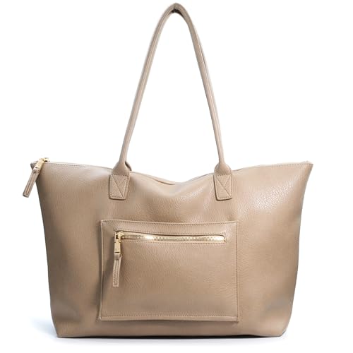 HOXIS Tote Bag for Women with Zipper Vegan Leather Handbag with Trolley Sleeve Travel Weekender Carryall Bag - color: Nude