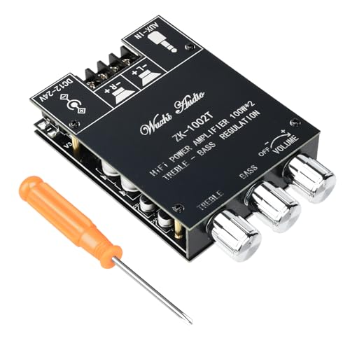 ZK-1002T Bluetooth Amplifier Board, 2.0 Channel Stereo AMP Module with Treble and Bass, 100W+100W 5.0 Amplifier Board, DC 12-24V, BT USB and AUX Inputs for DIY Speakers Wireless