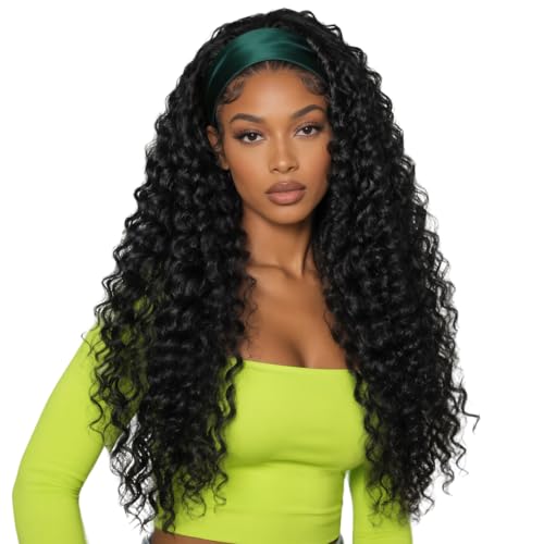 BECUS 30" Curly Headband Wig Glueless Half Wig for Black Women - color: A-Curly Black, size: 30 Inch