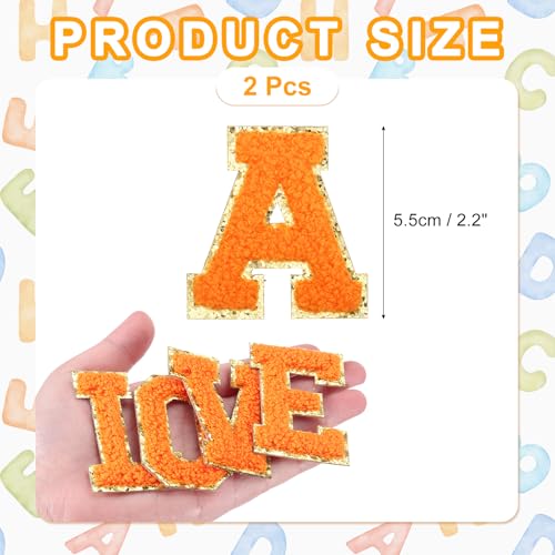 MECCANIXITY Chenille Letter Patches 2.2" Self Adhesive Letter A Stick on Embroidered Patch Sew on Letter Stickers Applique for Repairing Clothing Jeans Shoes Hats DIY(Orange, Pack of 2) - style: Letter-A