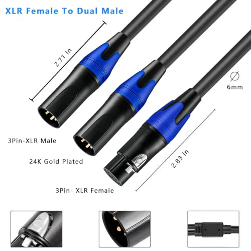 XLR Splitter Cable, (11.8 Inches) 1 Female to 2 Male Patch Y Cable, Balanced Microphone Splitter Cord Audio Adaptor for Stero Mic to L&R Audio Track - size: 0.98 ft, 1-Pack