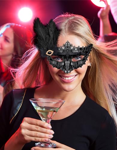 SIQUK Couple Masquerade Masks Set Venetian Party Mask Costume Mask - color: Feather Black