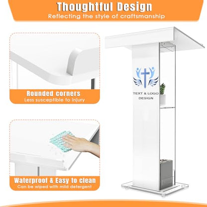 Customized Logo and Text 45.3 Acrylic Podium Lectern, Pulpit for Churches with Double Shelves, Modern Plexiglass Pulpits Lectern for Classroom, Conference, Wedding and More - size: 45.3IN Customized