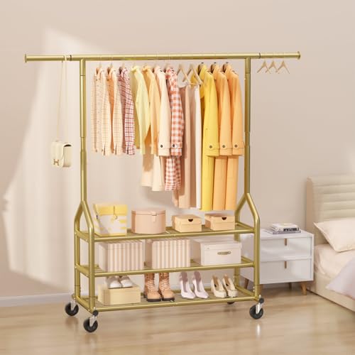 EAGMAK Heavy Duty Clothes Rack Load 688 LBS, Rolling Clothing Rack With 3 Shelves, Adjustable Metal Clothes Hanger with Wheels Portable Wardrobe Organizer Garment Rod for Hanging Clothes (Gold) - color: Gold, style: 3 Shelves