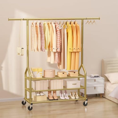 EAGMAK Heavy Duty Clothes Rack Load 688 LBS, Rolling Clothing Rack With 3 Shelves, Adjustable Metal Clothes Hanger with Wheels Portable Wardrobe Organizer Garment Rod for Hanging Clothes (Gold) - color: Gold, style: 3 Shelves