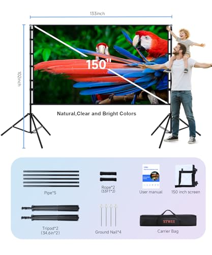150 Inch Projector Screen with Stand, 16:9 4K HD Portable Projector Screen Indoor Outdoor Projection Screens Outdoor Movie Screens with Carry Bag,Enjoy Home Theater