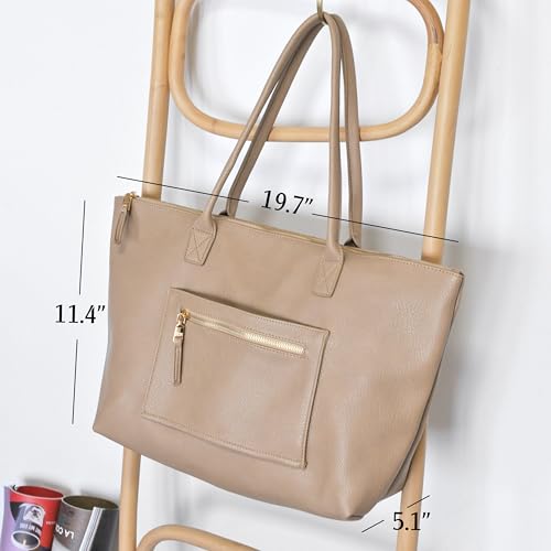 HOXIS Tote Bag for Women with Zipper Vegan Leather Handbag with Trolley Sleeve Travel Weekender Carryall Bag - color: Nude