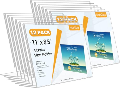 MaxGear Acrylic Sign Holder 8.5x11 Inches Horizontal 12 Pack, Slant Back - color: Clear, size: 11"x8.5"-12 Pack