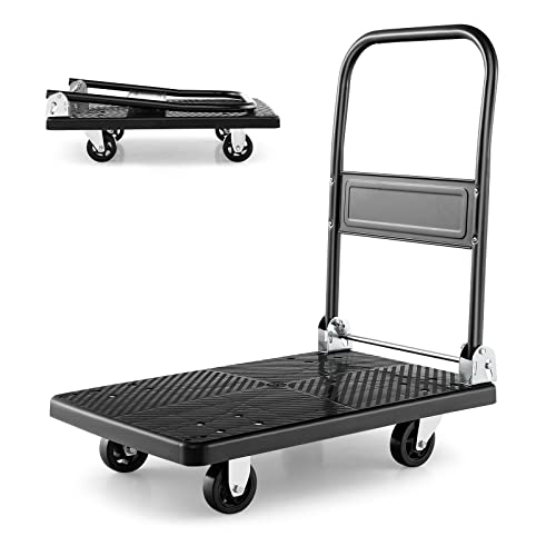 Goplus Folding Push Cart Dolly, Moving Platform Hand Truck w/ 360° Swivel Wheels, Spacious & Non-Slip Loading Area, Rolling Flatbed Cart for Loading & Storage, 440 LBS Max Load (28" x 19") - style: Black-440 LBS