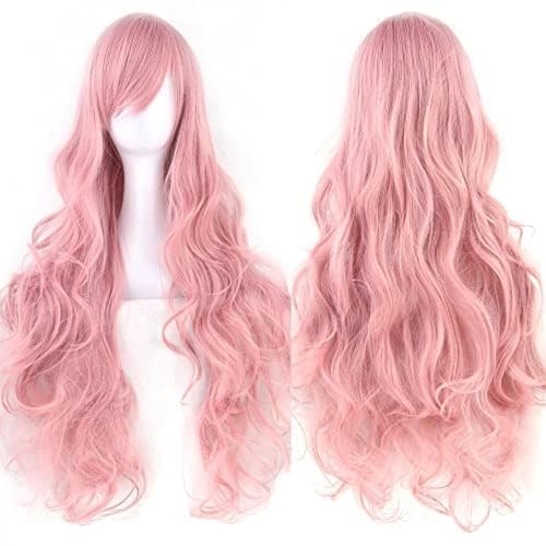 IMISSU 80cm Long Curly Natural Hair Wig with Bangs Colorful Halloween Costume Party Wigs for Women (Pink) - color: Pink
