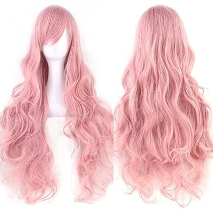 IMISSU 80cm Long Curly Natural Hair Wig with Bangs Colorful Halloween Costume Party Wigs for Women (Pink) - color: Pink