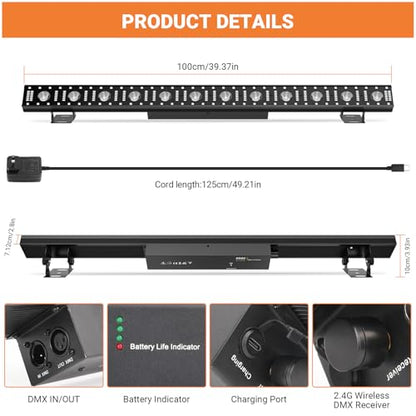 Battery Powered 150W 240LED Stage Wash Light Bar for DJ Party | 2.4G Wireless DMX512 & Remote Control, RGB Strip White Strobe & Warm Beam Effects, For Wedding, Live Music Venues, Club Event