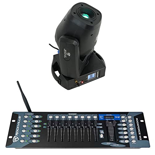 Rockville Rock SPOT 260W DJ Moving Head Light with ROCKFORCE W2 Controller | Wireless DMX, 120W, 5100 Lux, 14 Channels, Prism, 6 Gobos, 7 Colors, Zoom, Sound Activated, 192-Channel 2.4GHz, 2-items