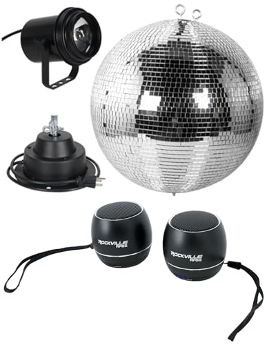 Audiosavings Bundle: (1) Eliminator American DJ M600EL w/16 Mirror Ball/AC Motor PL-1000 Pinspot Light Bundle with (1) Pair Rockville RPB3-BLACK Handheld Wireless Portable Bluetooth Speakers (5 Item)
