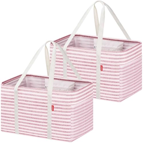LHZK 2 Pack Utility Tote Bag with Metal Wire Frame and the Sides Rinforced, Large Tote Bag with Handle, Reusable Grocery Bags Foldable, Beach Bag, Car Tote (Pink, 18.5''x11.8''x11.5'') - color: Pink, size: 18.5''x11.8''x11.5''-2 Pack