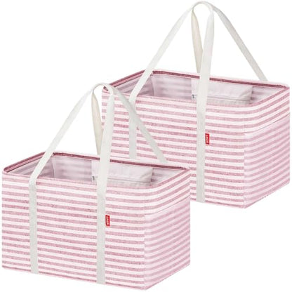 LHZK 2 Pack Utility Tote Bag with Metal Wire Frame and the Sides Rinforced, Large Tote Bag with Handle, Reusable Grocery Bags Foldable, Beach Bag, Car Tote (Pink, 18.5''x11.8''x11.5'') - color: Pink, size: 18.5''x11.8''x11.5''-2 Pack