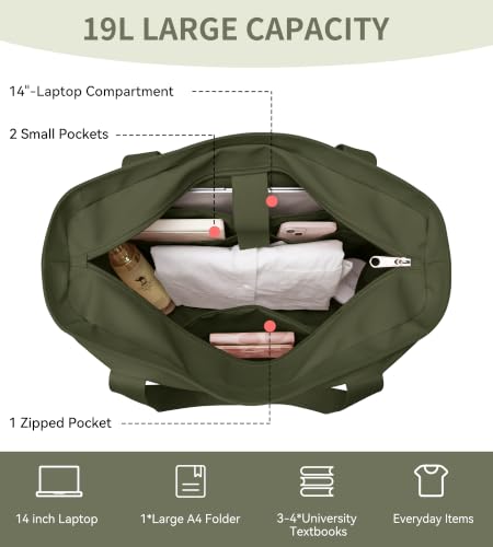 WLLWOO Large Tote Bag, 14” Laptop Work Travel Bag with Trolley Sleeve | Multi Pocket Water Splash Zipper Shoulder Handbag for Women Daily Nurse Gym Commute - color: Army Green