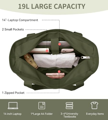 WLLWOO Large Tote Bag, 14” Laptop Work Travel Bag with Trolley Sleeve | Multi Pocket Water Splash Zipper Shoulder Handbag for Women Daily Nurse Gym Commute - color: Army Green