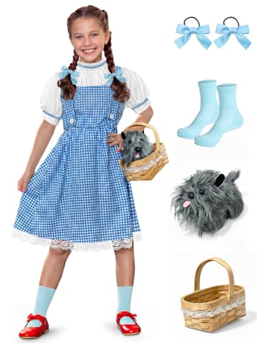 Girls Halloween Blue Gingham Costume | Multi-Piece Set, Book Character Style, Adjustable Front Straps, Puff-Sleeve Dress - color: Blue White (5 Pcs), size: 6 Years