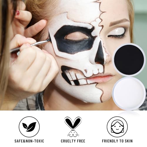 BOBISUKA Black & White Face Body Paint + Setting Powder + 3PCS Artist Brushes Face Painting Kit for Adult Large Capacity Professional Oil Based Cream Paints Palette For Halloween Clown Skeleton Vampir - color: SET 02