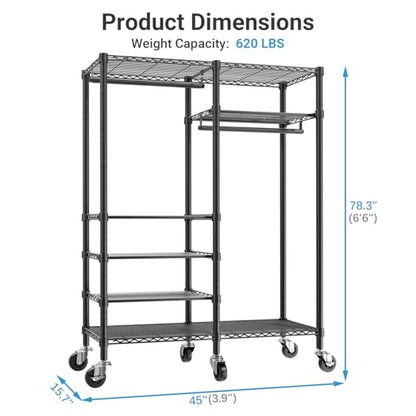 VIPEK R4C Rolling Clothes Rack with Cover, Portable Garment Rack on Wheels | Grey Zippered Polyester Cover, 360° Movable Wheels, Heavy Duty Clothing Rack with 6 Metal Wire Shelves, Max Load 620 lbs - color: Black Rack with Grey Cover, style: R4C
