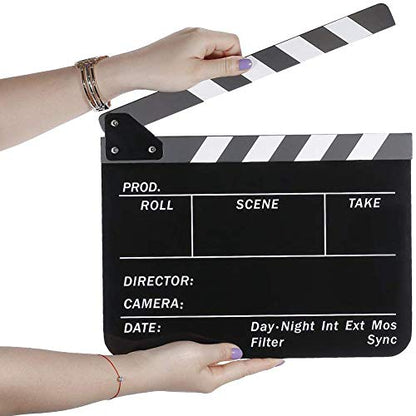 Film Slate Clapper Board, Acrylic Black Movie Directors Clapboard | 9.6 x 11.7 In Movie Clapboard Cut Action Scene Prop for Photography and Video Shooting, Comes with Magnetic Eraser and 2 Pens
