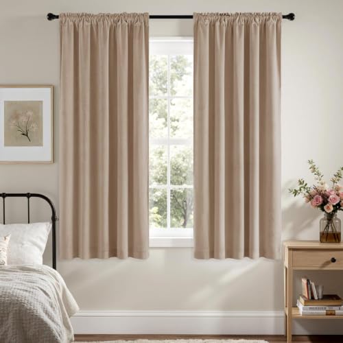 MIULEE Camel Beige Velvet Curtains 63 Inch Long 2 Panels, W40 x L63 | Luxury Super Soft, Thermal Insulated, Room Darkening Drapes, Rod Pocket Design, Window Curtains for Bedroom Living Room - color: Camel Beige, size: 40"W x 63"L (Pack of 2)