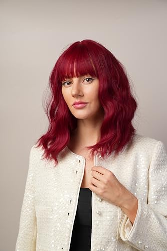 Wine Red Wig with Bangs Short Curly Wavy Bob Wig for Women Heat Resistant Fiber Synthetic Wig Natural Looking Daily Cosplay Party 16 Inches - color: Red