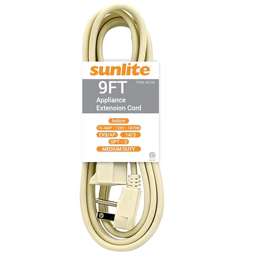 Sunlite 04155-SU EX9/AP Medium Duty 9-Foot Appliance Extension Cord, Three Prong, 14/3 Gauge, 15 Amp, Beige - size: 9'