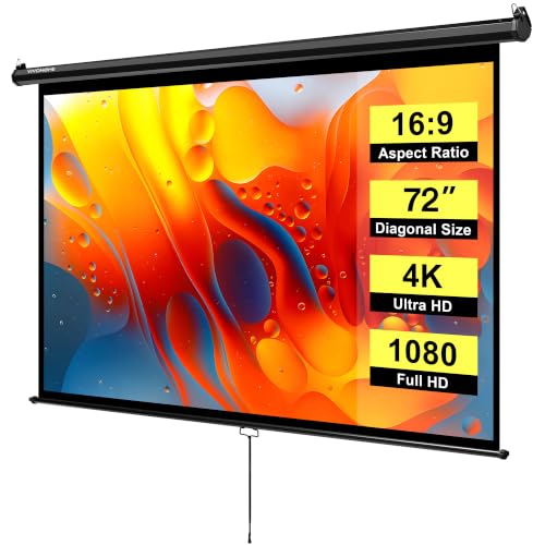 VIVOHOME 72 Inch 16:9 Pull Down Projector Screen, Black | Manual Retractable 4K Projection Screen for Home Theater, Roll Up ALR Movie Screen for Ceiling and Wall Mount - color: Black, size: 72" Diagonal (16:9)
