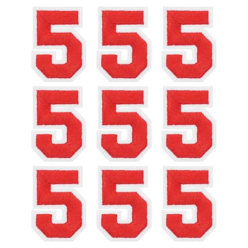 MECCANIXITY Iron on Number Patches 2" Number 5 Iron on Embroidered Patch Sew on Letter Stickers Applique for Repairing Clothing Jeans Shoes Hats DIY(Red, Pack of 9) - style: Number 5