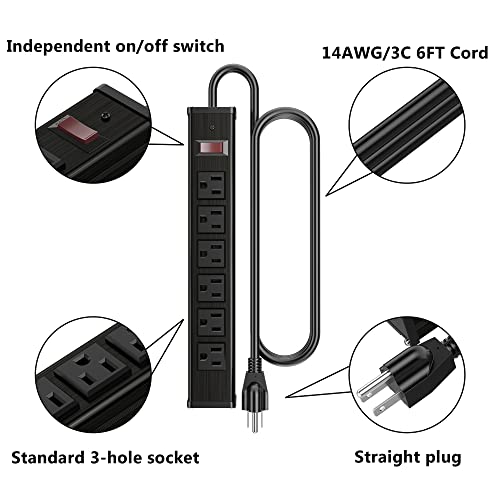 Oviitech Metal Socket Wall Mount 6 Outlets Heavy Duty Power Strip, 6 Feet Extension Cord, Mounting Brackets Included,Workshop/Industrial Use, ETL Certified - size: 6 AC