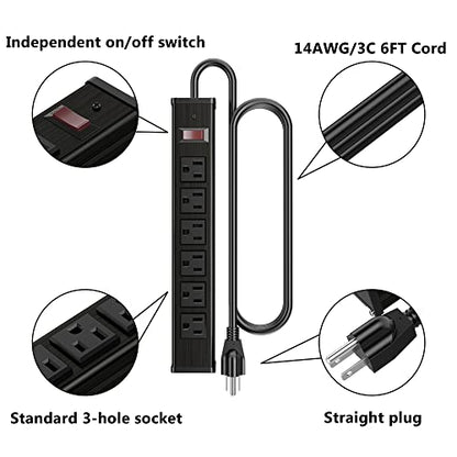 Oviitech Metal Socket Wall Mount 6 Outlets Heavy Duty Power Strip, 6 Feet Extension Cord, Mounting Brackets Included,Workshop/Industrial Use, ETL Certified - size: 6 AC