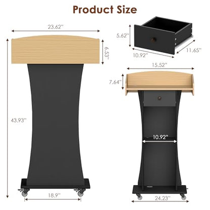 Podium Stand with Metal Wheels Wooden Lectern Podium Stand Portable Pulpit Standing with Storage Mobile Reception Podiums for Church Office School Conference Restaurant Meeting,Wood+Black - color: Black&wood