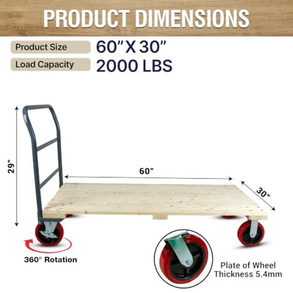 Heavy Duty 2000LB Hardwood Flatbed Platform Cart – 60” x 30” Industrial Dolly Hand Push Truck, 8'' Swivel Locking Wheels – Super Heavy Duty Commercial Moving - color: Plain Cart-wood, size: 60 x 30 Inch
