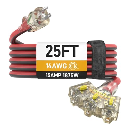 25ft 14/3 Medium Duty 3-Outlet LED Lock Plug Outdoor Extension Cord ETL
