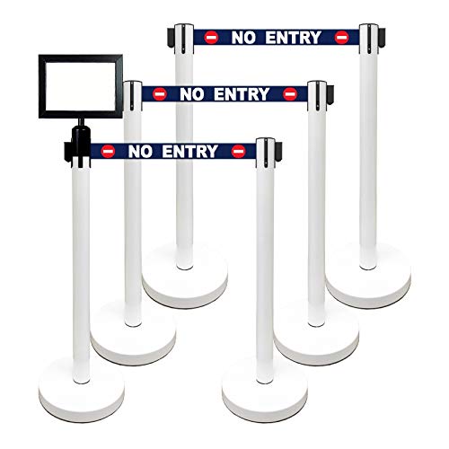 Retractable Stanchion, 6 SPECIALTY Posts + Signframe, 36" Ht, 78" Special Event & Holiday Theme Belt + Bonus Replacement Cassettes + Wall Receiver (WHT Post/No Entry Belt) - color: Wht Post/No Entry Belt