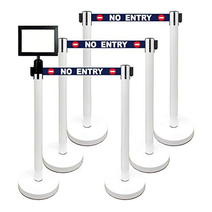 Retractable Stanchion, 6 SPECIALTY Posts + Signframe, 36" Ht, 78" Special Event & Holiday Theme Belt + Bonus Replacement Cassettes + Wall Receiver (WHT Post/No Entry Belt) - color: Wht Post/No Entry Belt