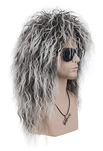 VGbeaty Adult Men Women Long Curly Gray Gradient White Wig 70s 80s Rocker Mullet Halloween Costume Cosplay Wig | 70s 80s Rocker Halloween Costume Cosplay Wig - color: Gray Gradient White