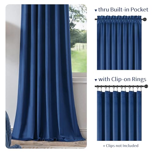 FMFUNCTEX Velvet Blackout Curtains Navy Blue Thermal Insulated Curtains for Bedroom Living Room Darkening Curtains 96 Inches Long Soft Luxury Rod Pocket Dark Blue Drapes Dining Room 2 Panels Set - color: Navy Blue, size: 52"W x 96"L (Pack of 2)