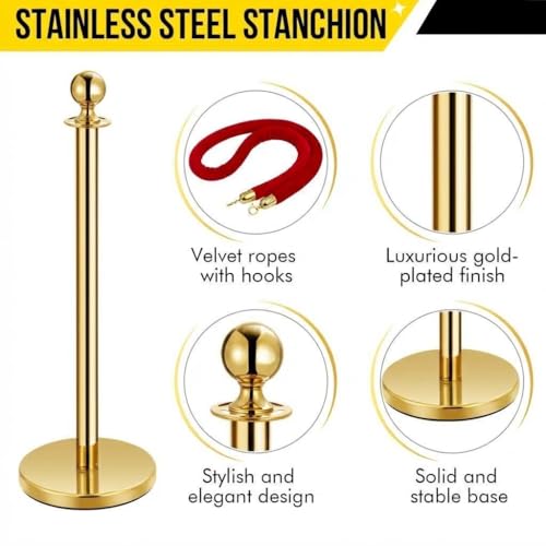 Crowd Control Barriers, Gold Stanchions 2 Pcs and 1 Flannel Carpet Ropes, Stainless Steel Red Carpet Poles and Ropes Set for Wedding Party Red Carpet & Hotel Events