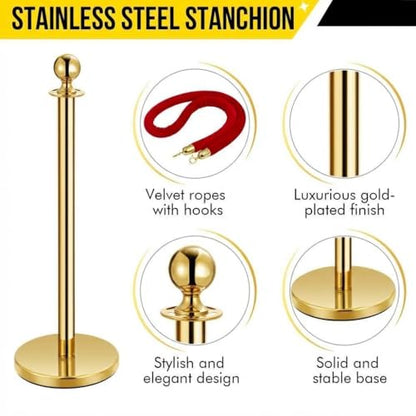 Crowd Control Barriers, Gold Stanchions 2 Pcs and 1 Flannel Carpet Ropes, Stainless Steel Red Carpet Poles and Ropes Set for Wedding Party Red Carpet & Hotel Events