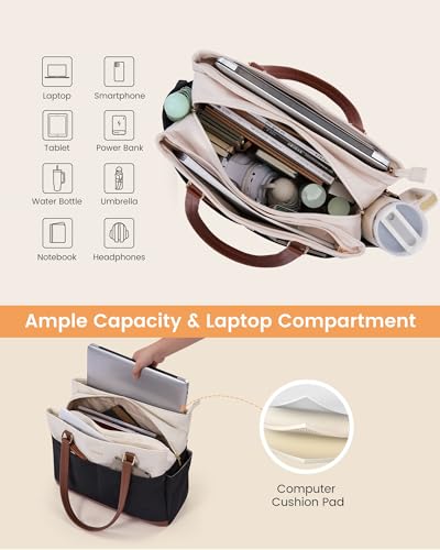 LOVEVOOK Laptop Tote Bag for Women with 40oz Large Cup Holder - color: Black-white-brown, size: 15.6 Inch